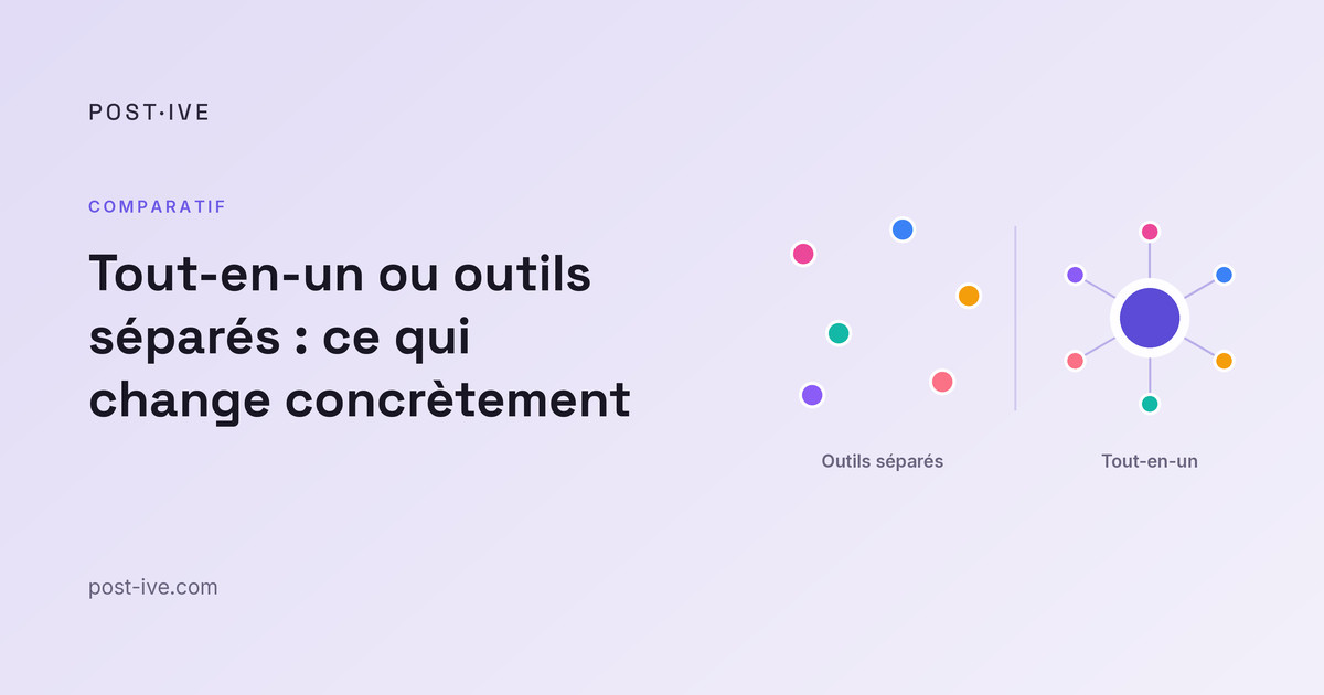 Outils séparés représentés par des points isolés face à une plateforme tout-en-un représentée par un réseau connecté